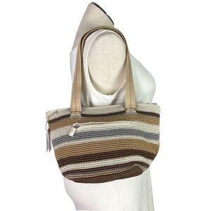 The Sak Tote Small Brown Mendocino Stripe Crochet Double Strap Zip Vegan NEW